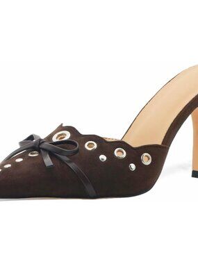Women's Brown Suede Pointed Toe Heels Studded Slip On Bow Suede Sandals